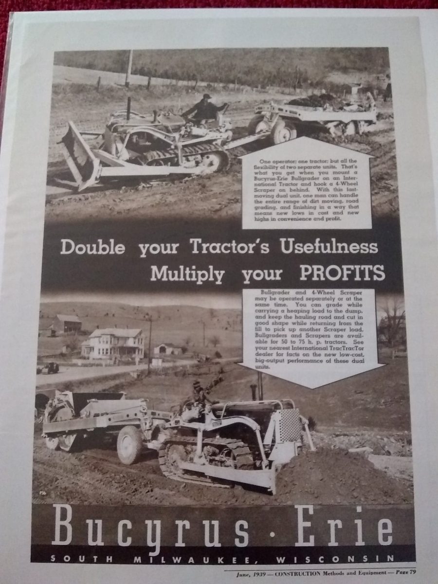 Vintage 1939 Bucyrus Erie Heavy Equipment Advertisement. Ad measures