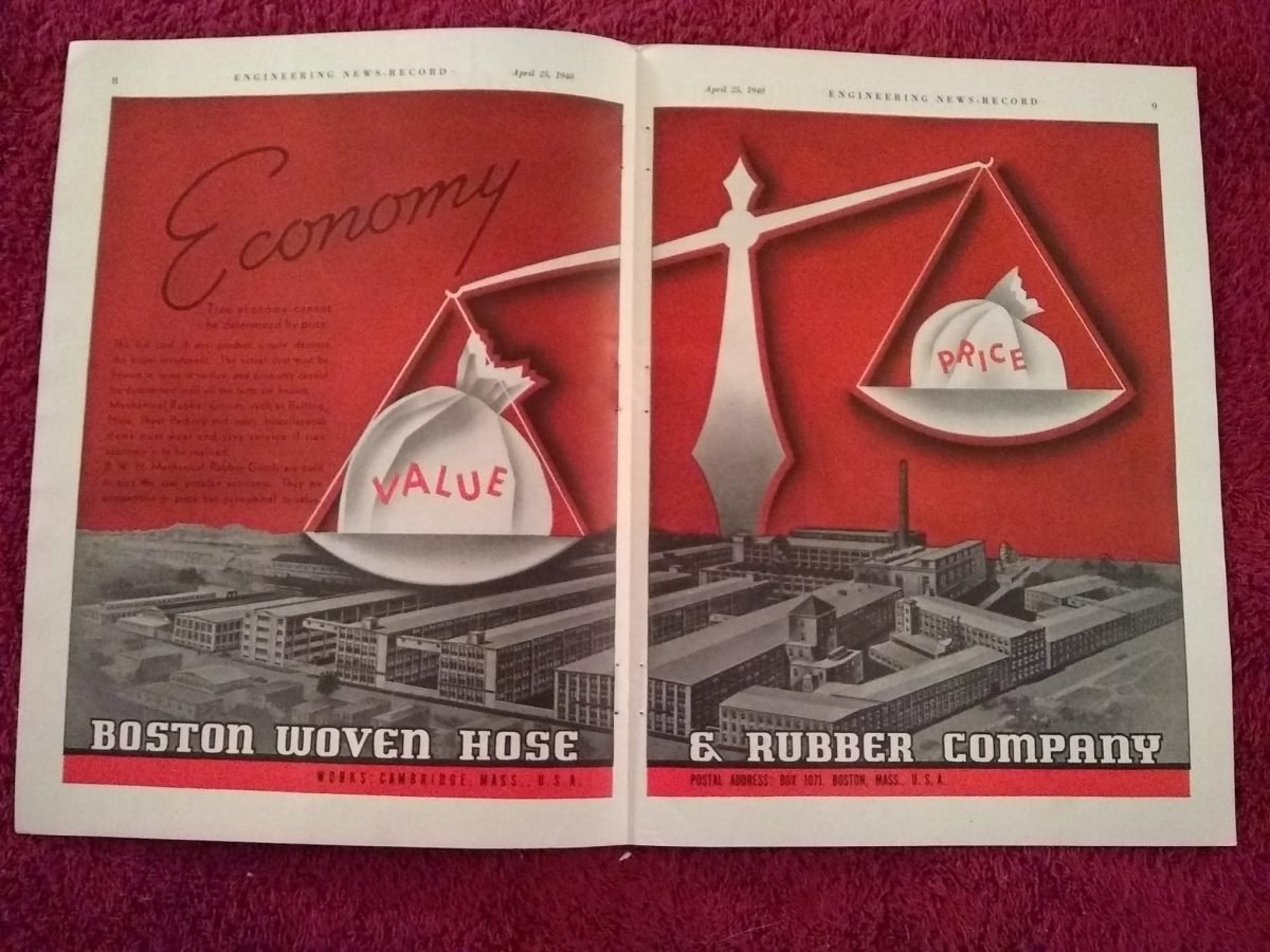 Vintage 1940 Boston Woven Hose & Rubber Company Ad, Advertisement 2 pg. Centerfold Cambridge