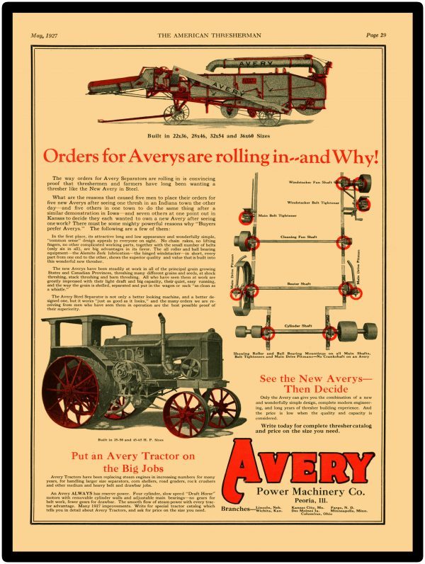 1927 Avery Power Machinery Co. Tractor & Separator Reproduction Metal