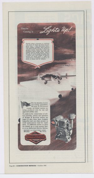 1942 Briggs & Stratton Gasoline Motors Collectible Advertisement: World War Two Theme