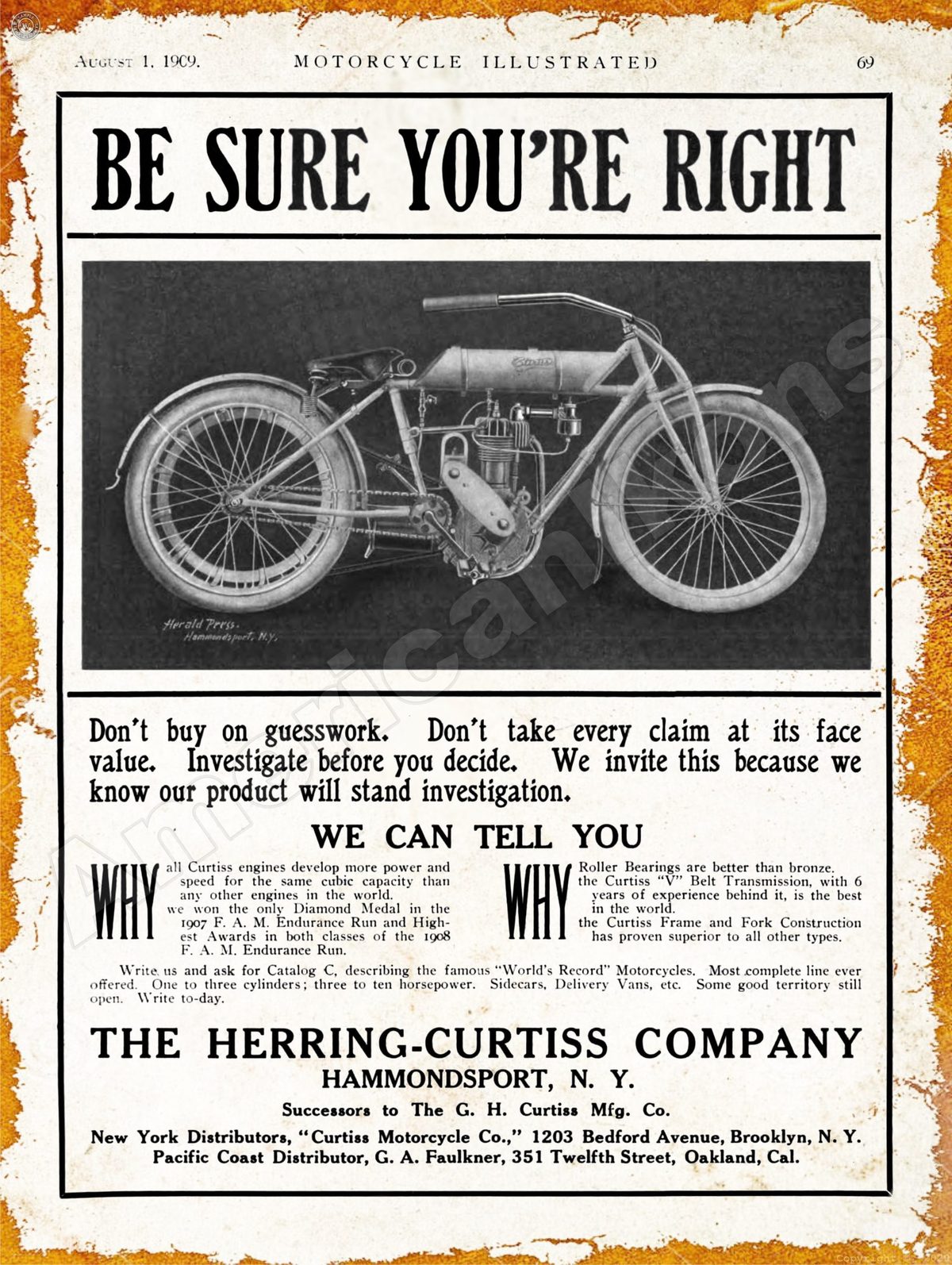1909 Herring Curtis Motorcycles Collectible New Metal Sign