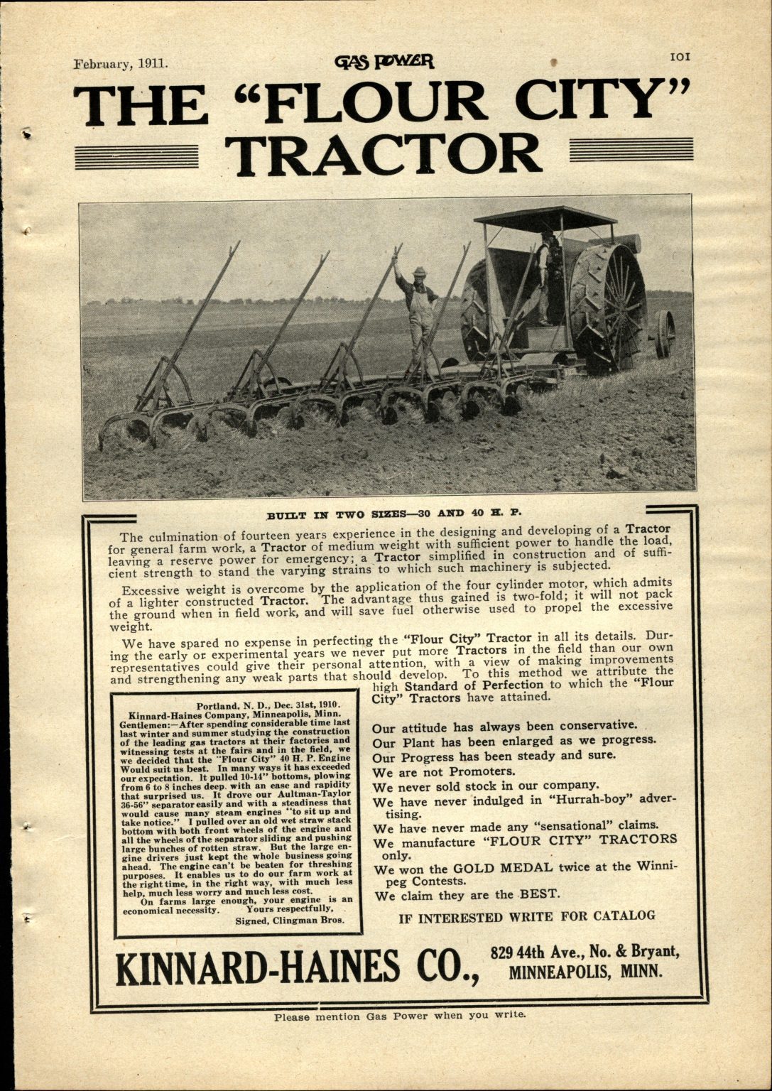 1911 Flour City Tractors Collectible Original Advertisement Kinnard Haines, Minneapolis