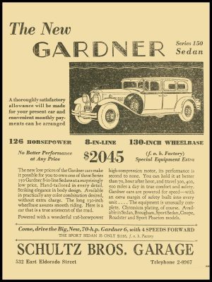 1929 Gardner Automobiles Collectible New Metal Sign: Schultz Brothers Garage