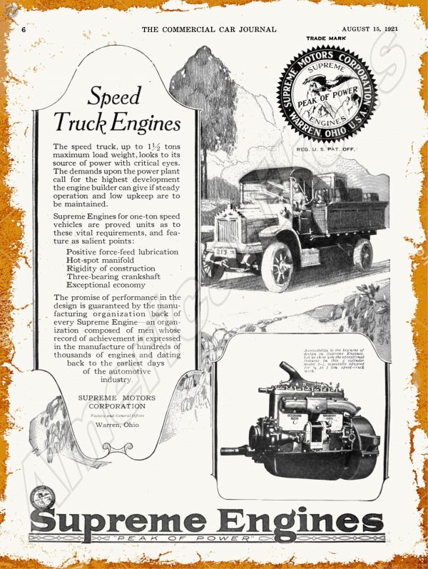 1921 Supreme Engines Collectible Metal Sign Warren, Ohio American Ikons