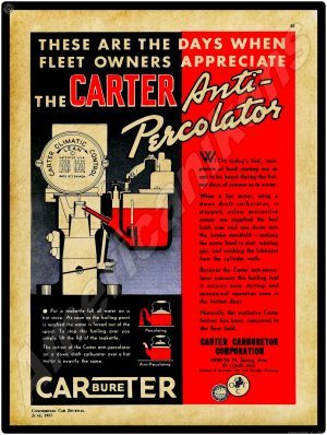 1937 Carter Carburetor Collectible Metal Sign: St. Louis, Missouri