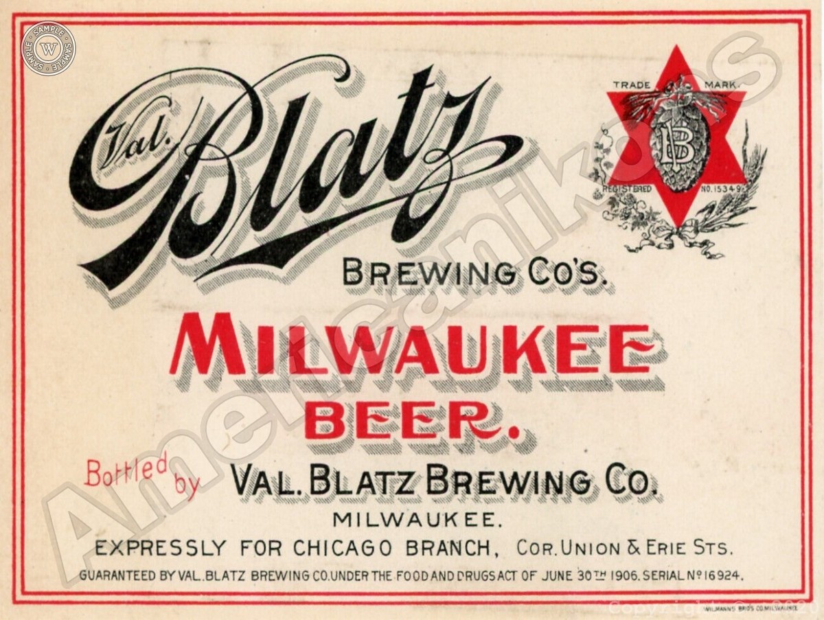 Blatz Milwaukee Beer Collectible Metal Sign: Val. Blatz Brewing Company -  Milwaukee, Wisconsin